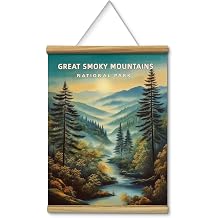 Vintage Great Smoky Mountains National Park Wall Scroll 12x16 Canvas Poster with Wood Bars Rope Hanger, Rustic Nature Mountain Forest Hanging Wall Art, Retro Landscape Print Cabin Home Decor