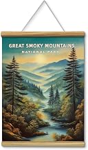 Vintage Great Smoky Mountains National Park Wall Scroll 12x16 Canvas Poster with Wood Bars Rope Hanger, Rustic Nature Mountain Forest Hanging Wall Art, Retro Landscape Print Cabin Home Decor