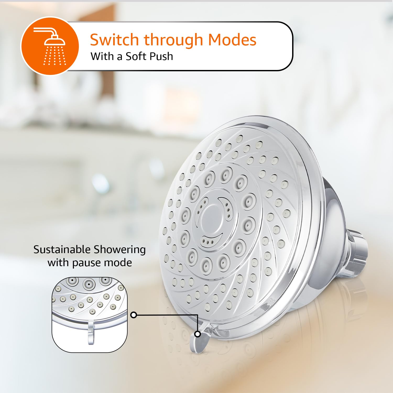Amazon Basics Shower Head for Bathroom | Round Multifunction 5-Spray Overhead Shower | Wall Mount Bathroom Shower with Pause Function, Chrome Finish, 3.9 Inches Wide Sprayface, CHROME finish 3