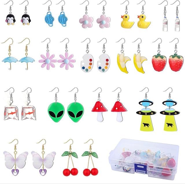 CASSIECA 16 Pairs Weird Earrings Funny Earrings Duck Water Bottle Goldfish Water Bottle Earrings Mushroom Butterfly Strawberry Dangle Earrings Set for Women Girls