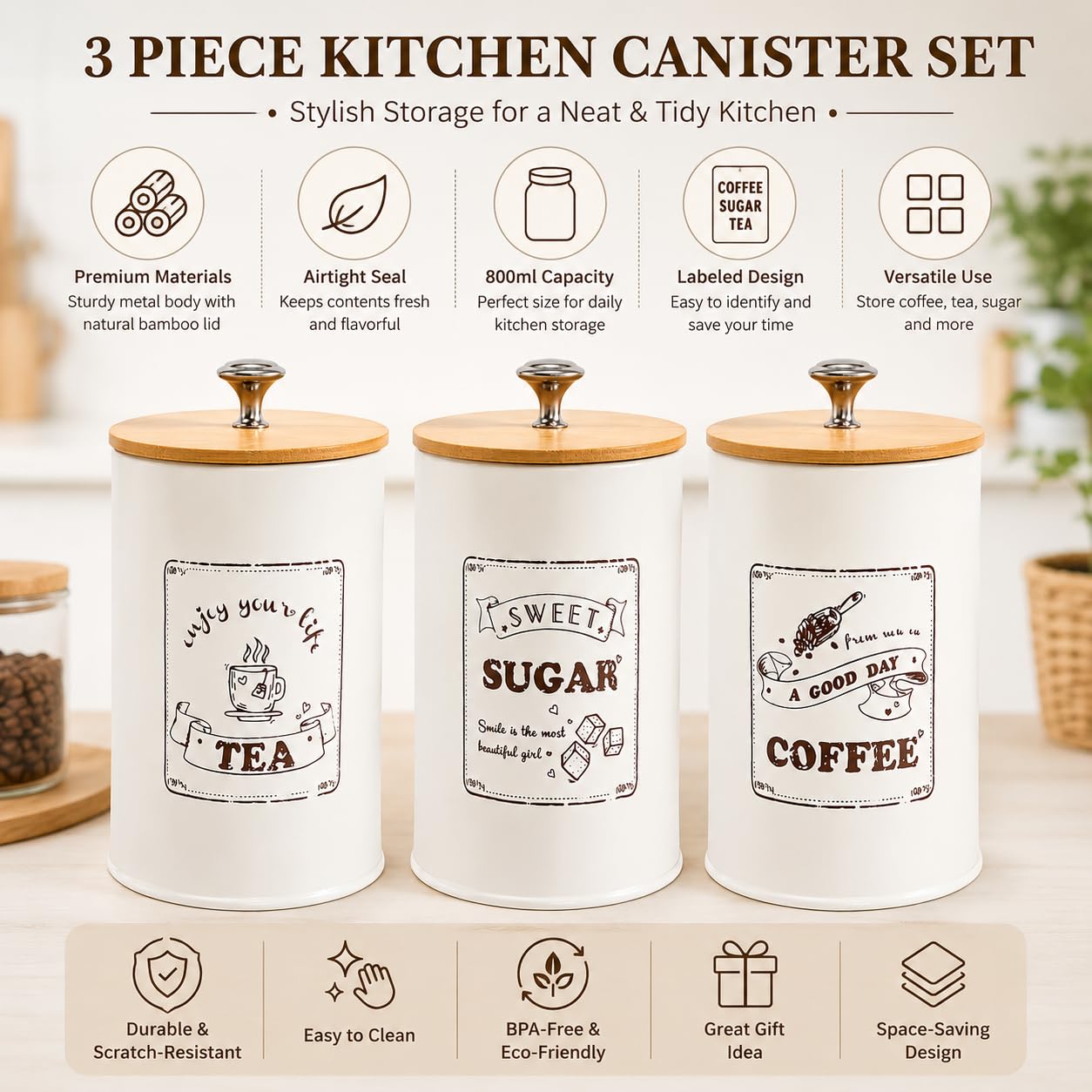 Set 3 Barattoli Rotondi per Conservazione, Contenitori Caffè in Metallo con Coperchio Ermetico Bambù, 800ml per Caffè, Tè, Zucchero, Organizzazione Cucina, 15.6x9.5 cm