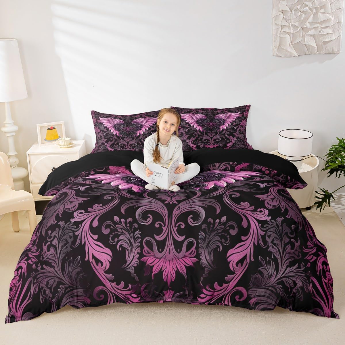 Retro Paisley Duvet Cover Set King Size Pink Wings Bedding Set for Boys Girls Bedroom Decoration,Soft Bohemian Comforter Cover with 2 Pillowcases,Comforter Not Included