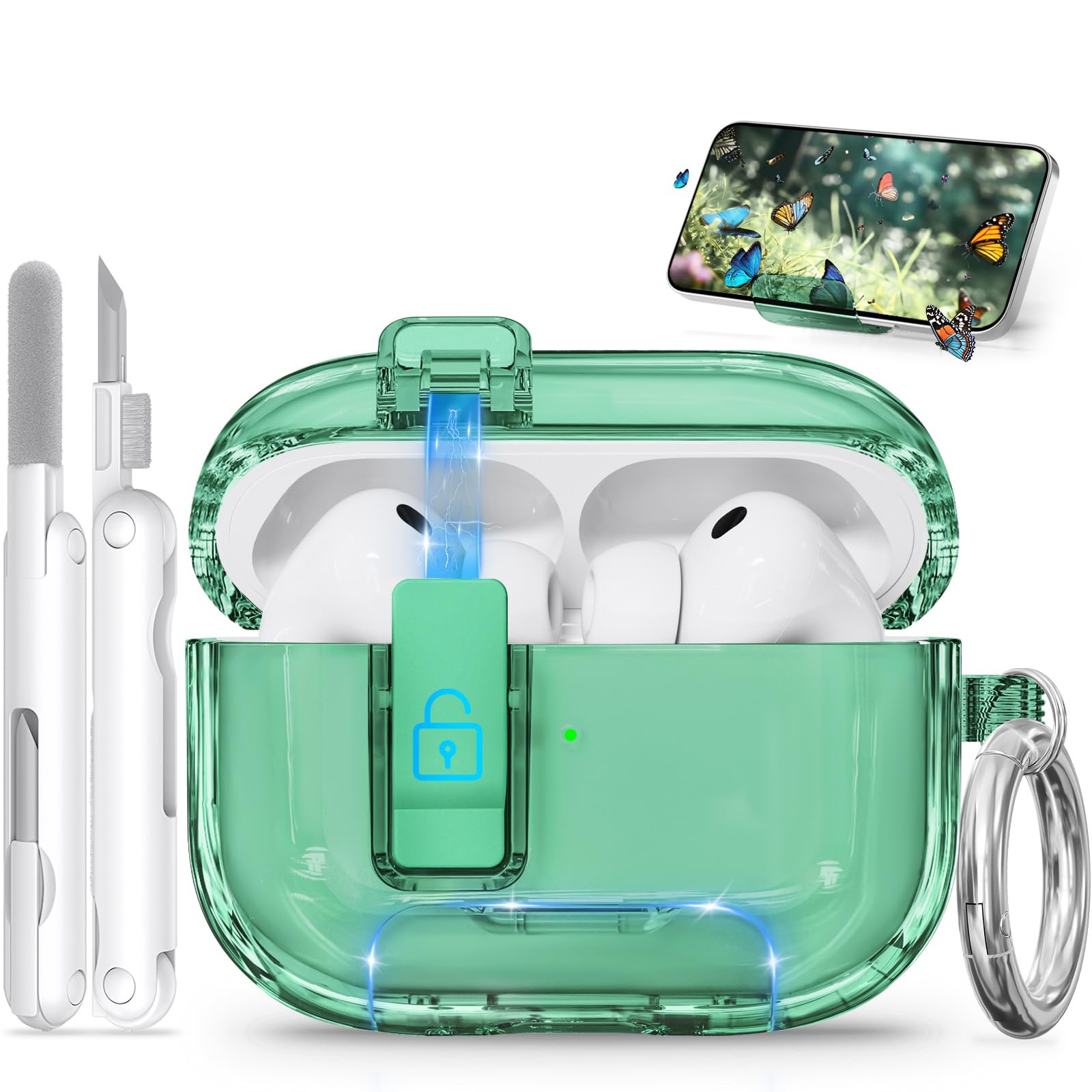 for AirPods Pro 3 Case 2025 with Safety Lock &amp; Phone Stand, Auto-Open Clear Case Cover Compatible with Apple AirPods Pro 3rd Generation with Cleaning Kit &amp; Keychain