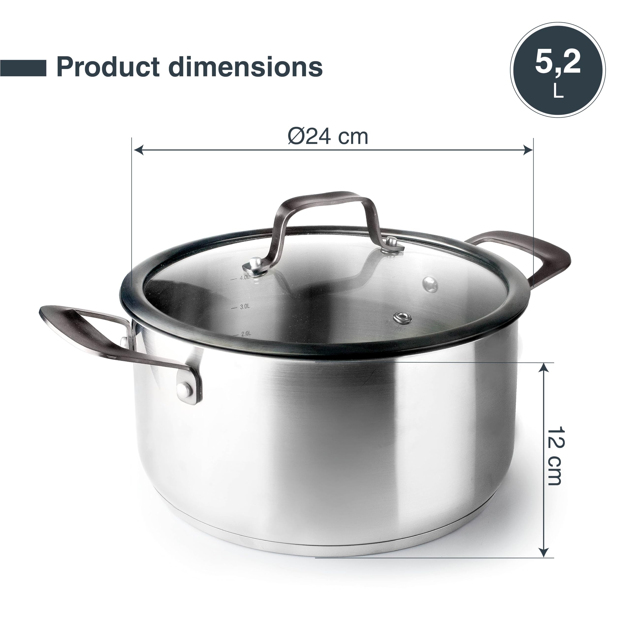 Lacor - 47024 - Origin Kochtopf mit Deckel, Edelstahl 18/10, Deckel aus gehärtetem Glas, Dampfauslassventil, 5,2 Liter, induktionsfest, spülmaschinenfest, backofenfest, Ø24cm | Aus lebensmittelechtem Edelstahl gefertigt; hohe Korrosionsbeständigkeit und H