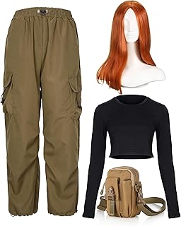 4 Pcs Halloween Cosplay Costume Party Wig Long Straight Orange Long Sleeve Crop Top Cargo Pants Waist Bag
