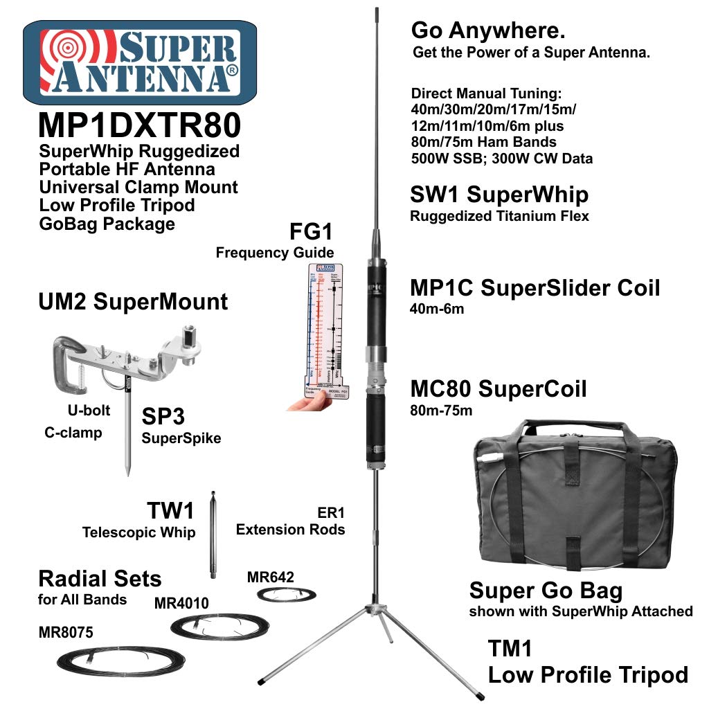 Super Antenna MP1DXTR80 HF SuperWhip Tripod All Band 80m MP1 Antenna