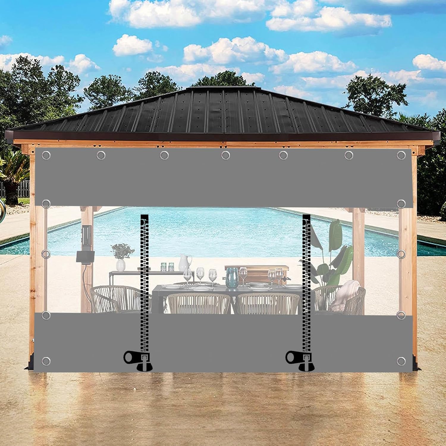 Outdoor Curtains,Grey Transparent Tarpaulin Side Panels,Clear Waterproof Tarp Curtains With Zipper Door,Gazebo Patio Pergola 0.3mm Thick Pvc Rain Curtain Partition Curtains,W×H-1×0.8m(3.3*2.6ft)