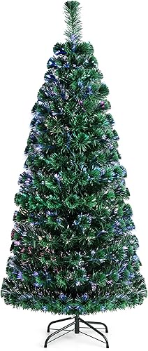 HAPPYGRILL Árbol de Navidad preiluminado de 6 pies, árbol de Navidad artificial con 230 puntas de rama, 30 luces de estrella blancas cálidas, fibra