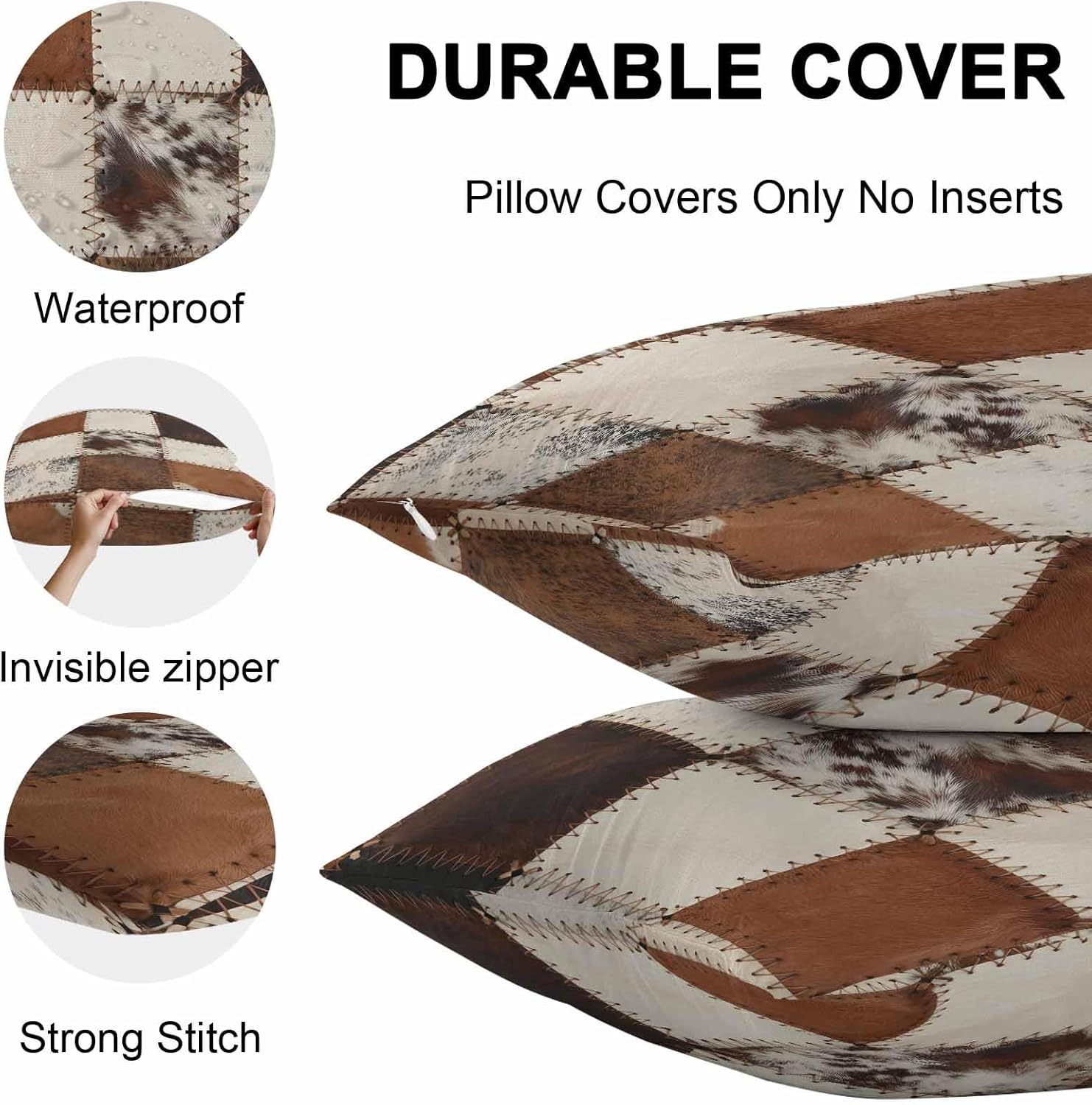 Outdoor Waterproof Throw Pillow Covers Set of 2 Cowhide Pillowcases 26x26 Inches Cow Fur Print Animal Skin Brown Decorative Pillows Cushion Case Patio Pillows for Couch Bed Chair Garden