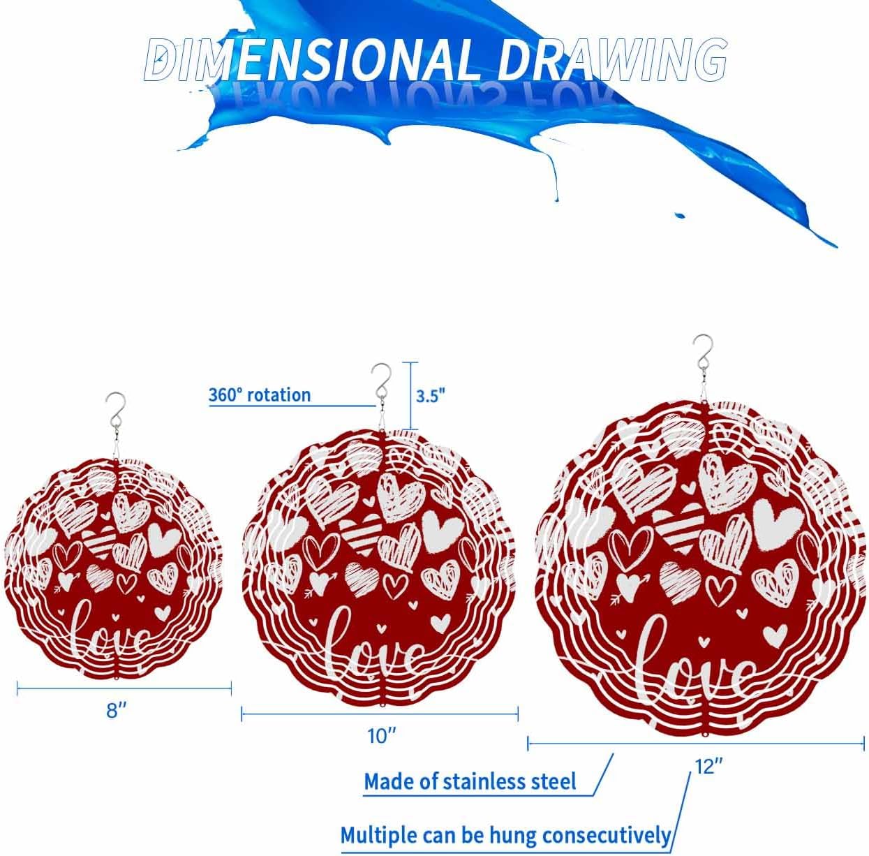 Valentine's Day Red Theme Wind Spinners for Yard and Garden, Metal Wind Spinner Hanging for Outdoor Indoor, Love Heart Porch Garden Wind Sculptures Decor Spring Summer Ornament Spinner 10inch(Round)