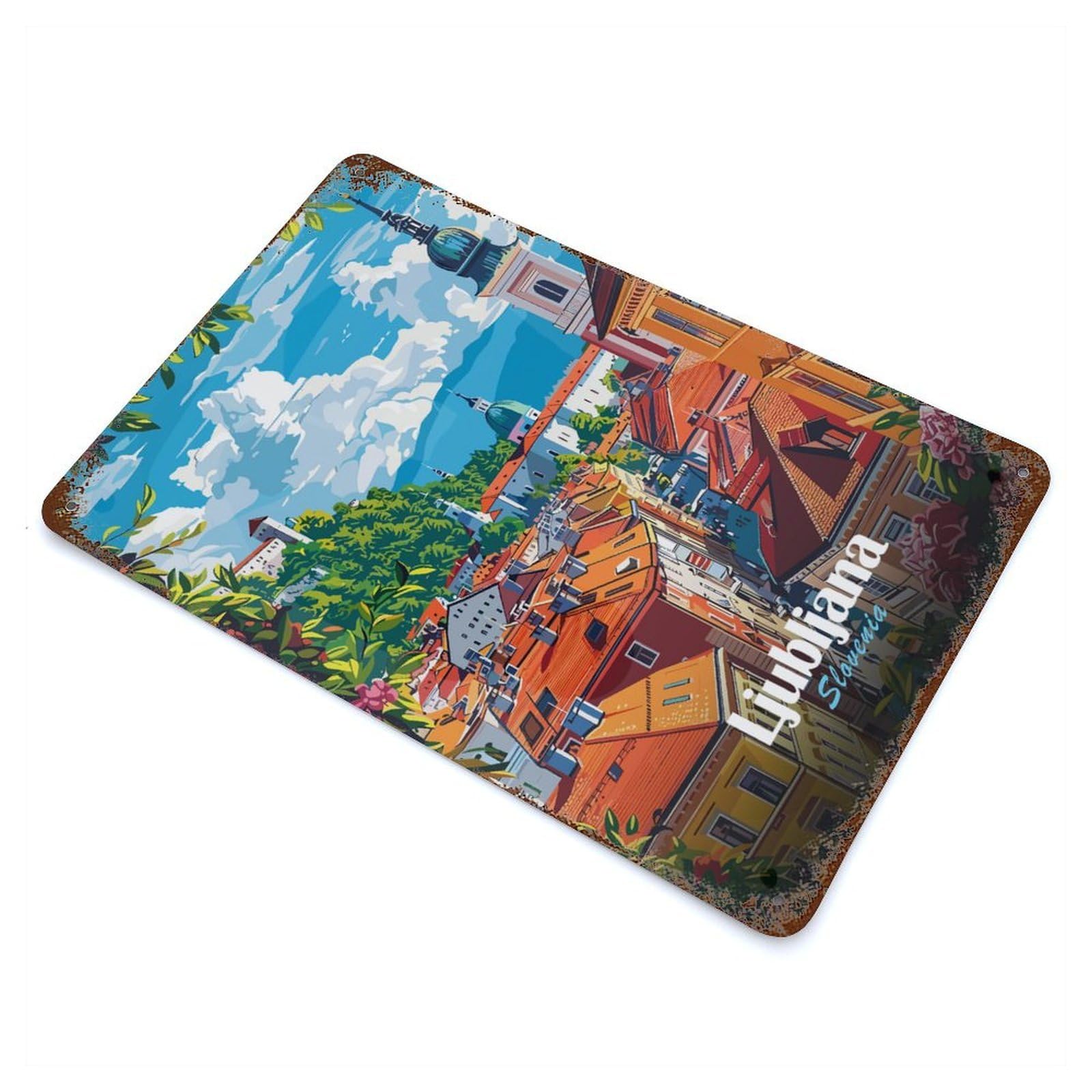 Rustic Tin Plaque with Ljubljana, Slovenia Cityscape Illustration Design 11.8"x7.9", for Cafe, Home Bar And Lounge Decor, Industrial Home Decor