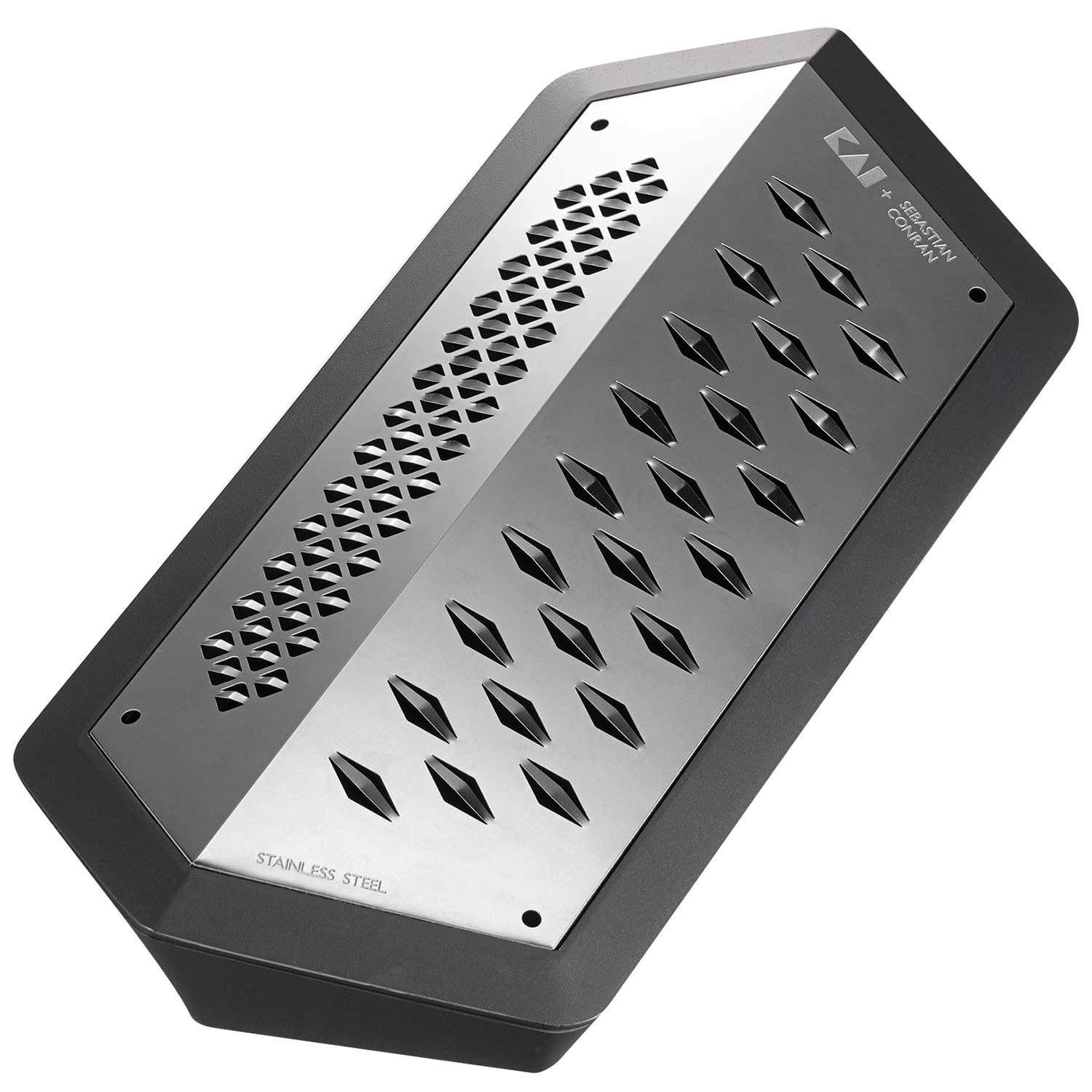 KAI Rallador JANUS, negro de acero inoxidable - Dimensiones: 23,3 x 11 x 5,5 cm con recipiente colector - Rallador universal de cocina con 2 lados