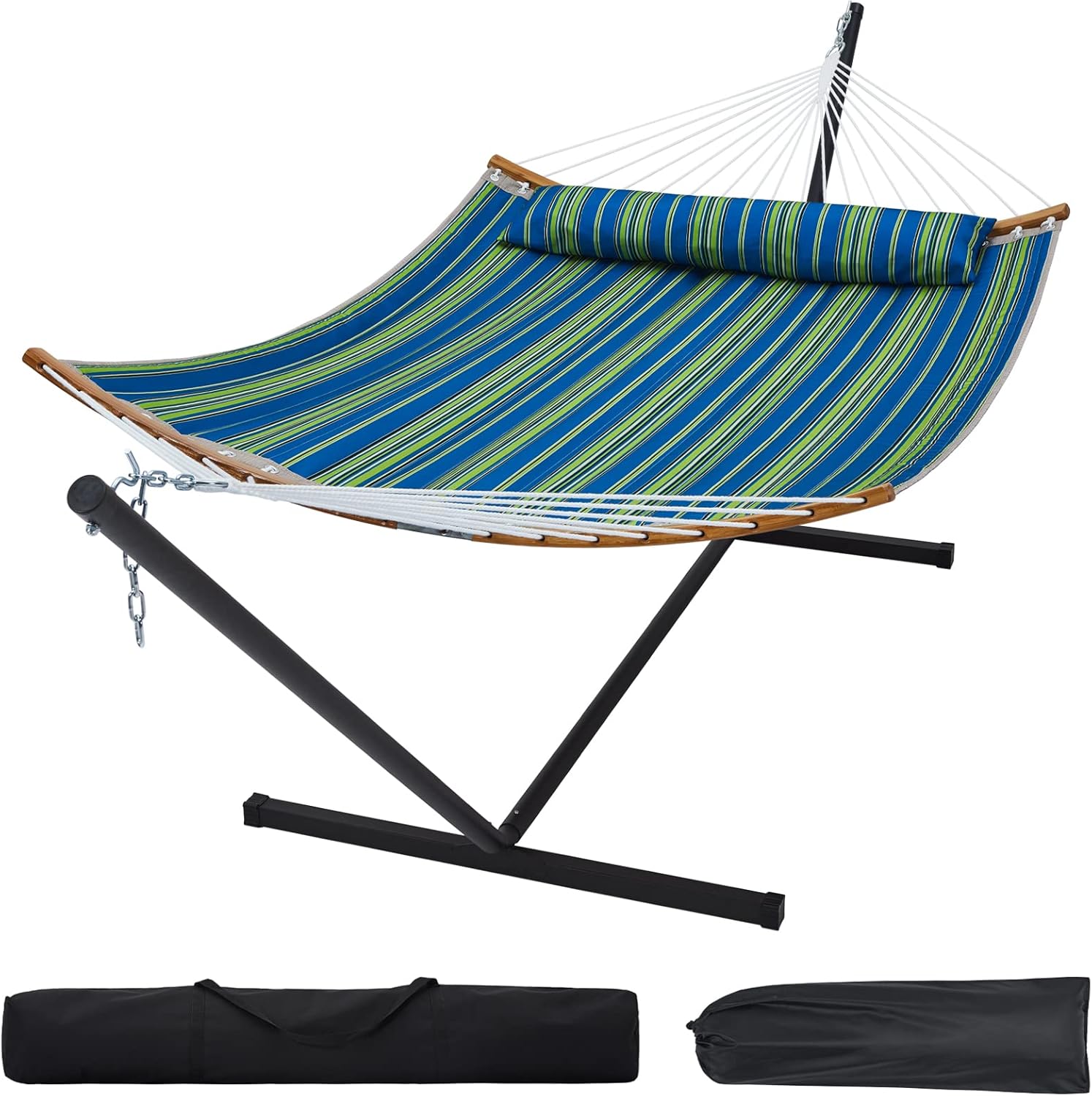 SUPERJARE 12FT Double Hammock with Stand, 2 Person Quilted Fabric Hammock with Detachable Pillow, Portable Hammock with Carrying Bag, Perfect for Patio, Camping Indoor and Outdoor - Navy Blue : Patio, Lawn & Garden