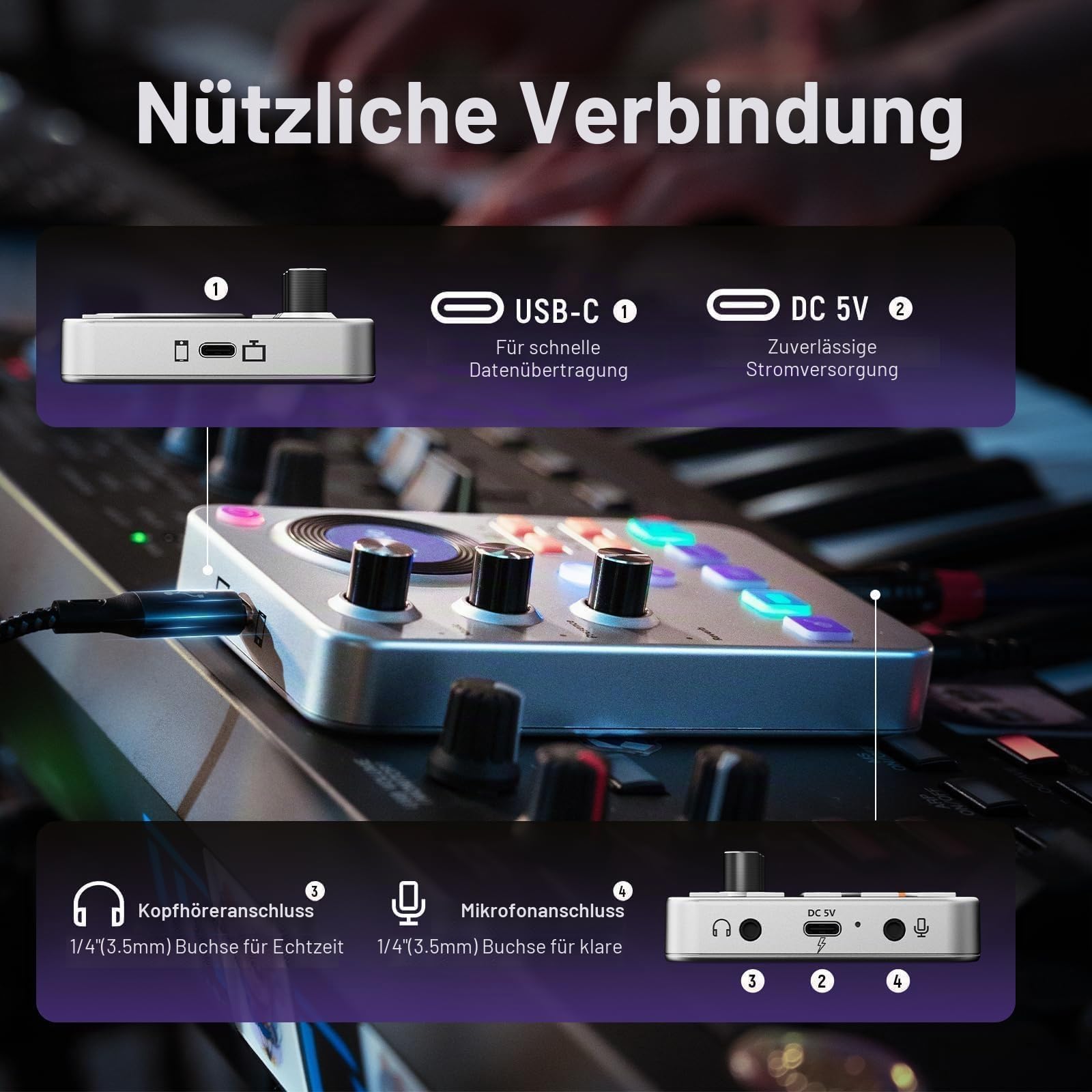Synido Kabelloses Gitarrensystem, 5,8 GHz, wiederaufladbar, elektrisches Musikinstrument, Sender, Empfänger mit Soundkarte, 24 Bit/96 kHz, niedrige Latenz, unterstützt Bluetooth BGM für Aufnahme | Eingebauter wiederaufladbarer Akku und leichtes tragbares