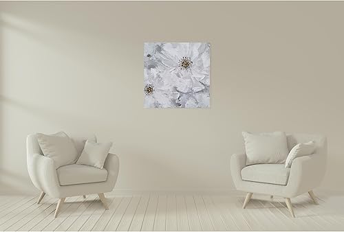 Miniatura 4 de SYGALLERIER Arte de pared con flores blancas y grises, lienzo floral hecho a mano con adornos de lámina dorada, decoración de pared moderna de