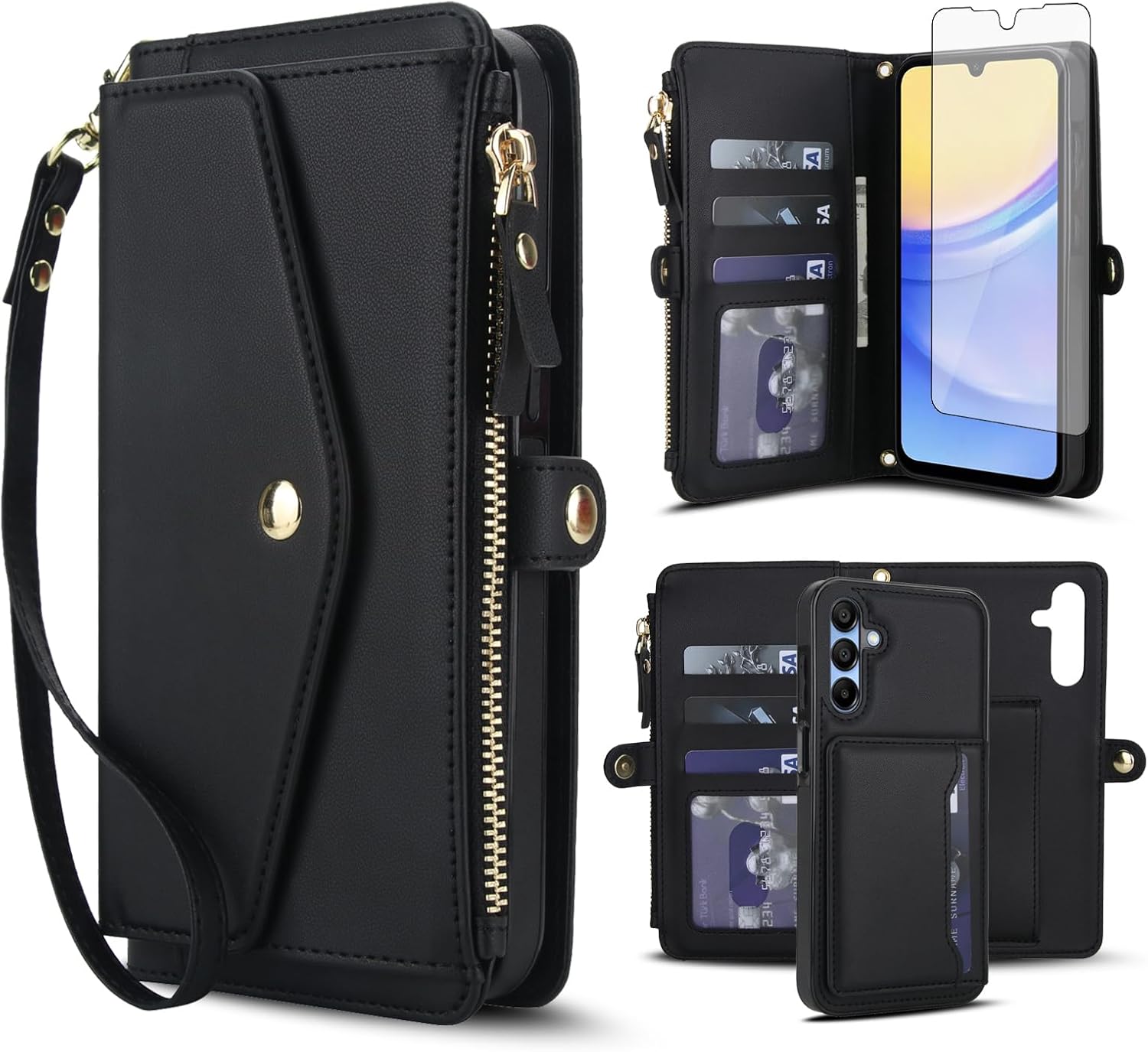 Asuwish Phone Case for Samsung Galaxy A15 5G/4G Wallet Cover Compatible with Magsafe RFID Screen Protector Crossbody Lanyard Strap Flip Card Holder Slot Zipper Cell Purse A 15 G5 15A Black