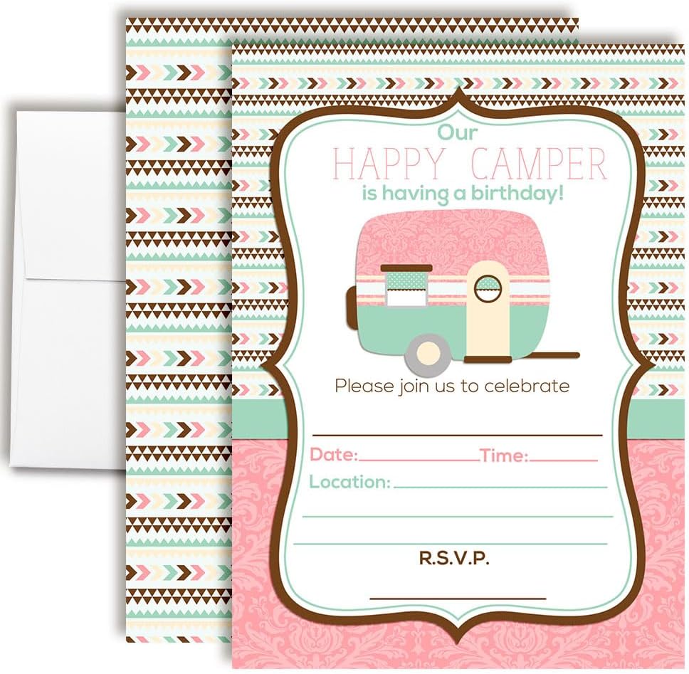 Retro Camper Themed Birthday Celebration Invitations for Girls, 20 5x7 Fill In Cards with Twenty White Envelopes by AmandaCreation