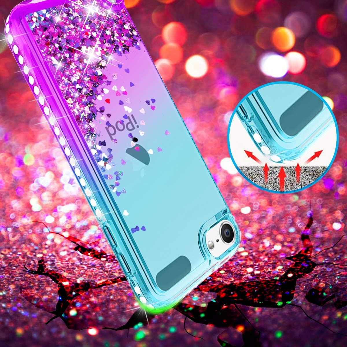 for Apple iPod Touch5/6/7,iPod 5th/6th/7th Generation Case W/Glass Screen Protector,Donse Glitter Liquid Quicksand Floating Shiny Sparkle Flowing Bling Diamond Luxury Case for Girls Women,Mint/Purple : Electronics