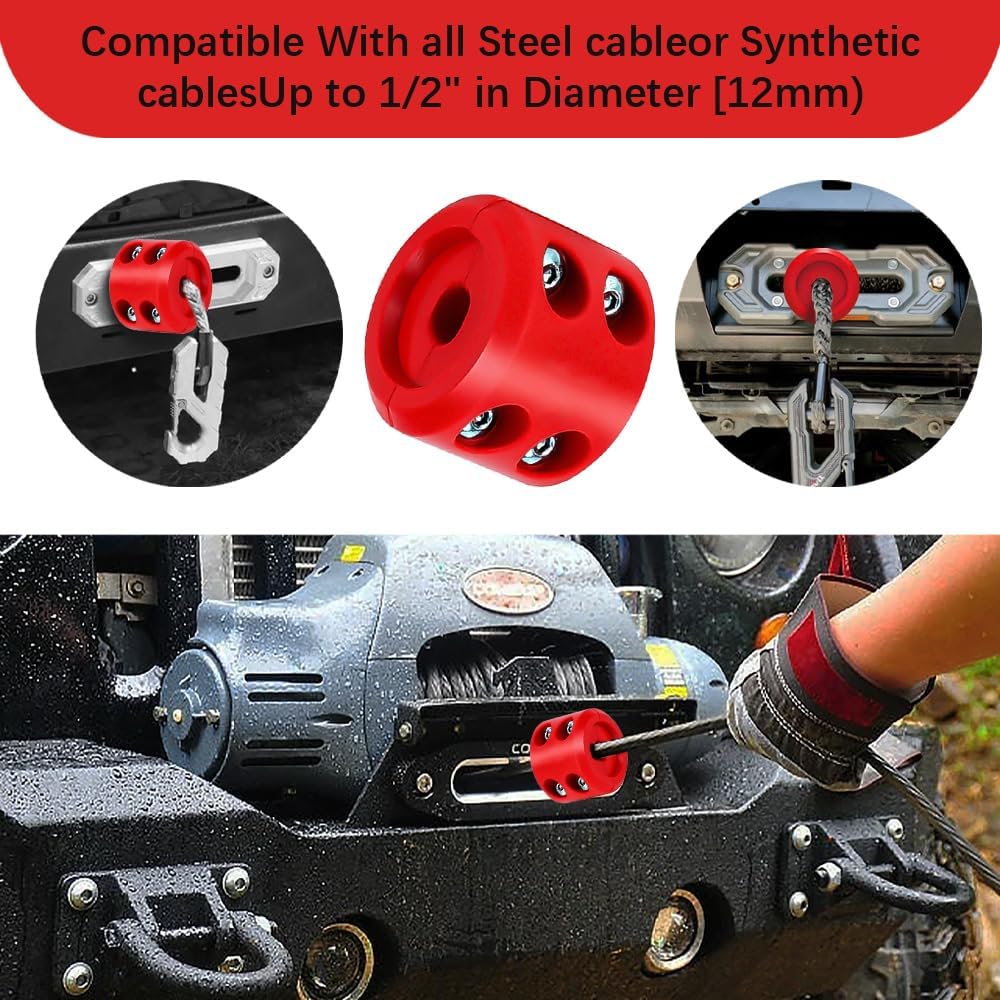 Winch Cable Hook Stopper for ATV UTV SUV ORV, Rubber Rope Line Saver, Bump Shock Saver Dampener with Stainless Steel Screw and Nut, Cable Saver Hook Stopper Prevent Bouncing Fraying (Red)