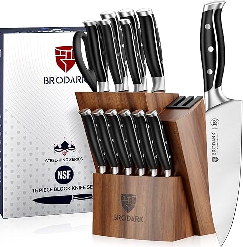BRODARK Kitchen Knife Set: Full Tang 15 Pcs Professional Chef Knife Set with Sharpener, Razor-sharp Knives Set for Kitchen, German Stainless Steel