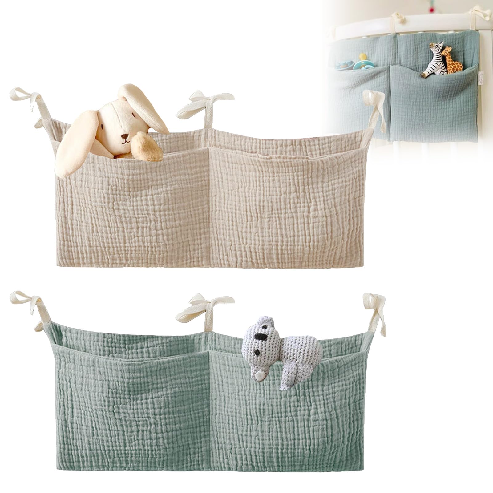 2 Stücke Babybett Organizer Hängend, 2 in 1 Babybett Aufbewahrungstasche Baby Kinderzimmer Organizer Aufhängen Babybett Verstellbarer Organizer Für Betten Windeln Kleidung Spielzeug(Bohnengrün+Khaki)