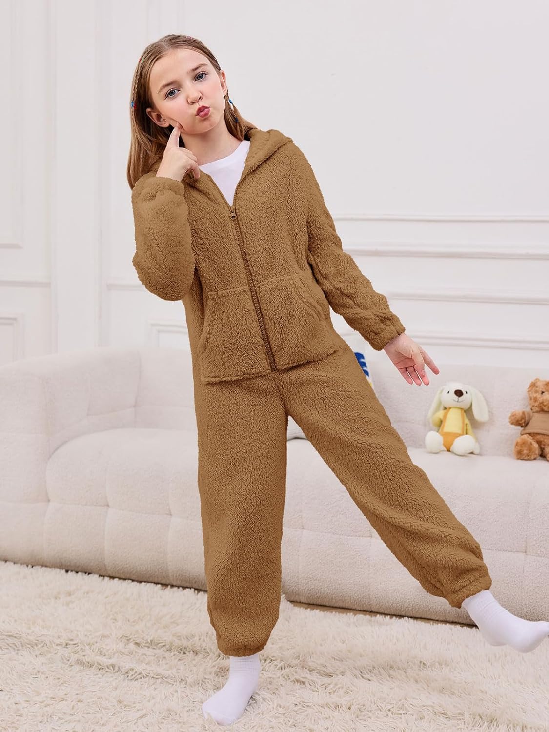 rrhss Girls Sherpa Fleece Onesie Pajamas Kids Zip-Front Animal One-Piece Hooded Sleepwear 5-14 Years - Image 4