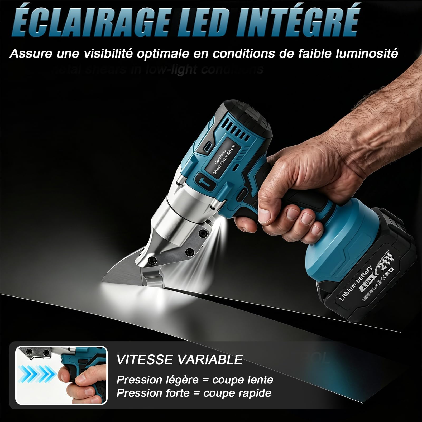 Cizalla a Batería con 2 Baterías 4.0Ah, Cizalla Eléctrica Brushless 800W, Velocidad Variable, Cabezal Giratorio 360°, Tijeras Eléctricas para Acero Inoxidable, Chapa Metálica y Hierro