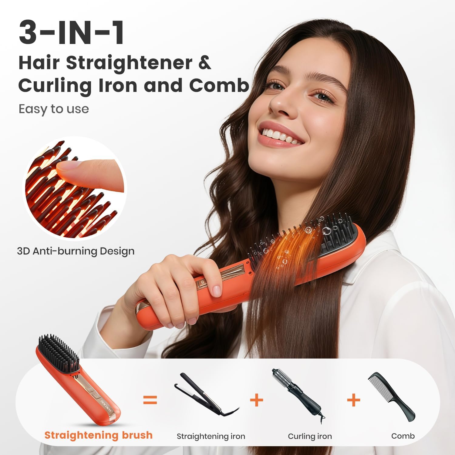 Cordless Hair Straightener Brush, Portable Straightening Brush for Travel, Heat Brush Hair Straightener for Smooth, Anti-Frizz Hair, Fast Heating, Lightweight on-The-go, Anti-Scald for Women