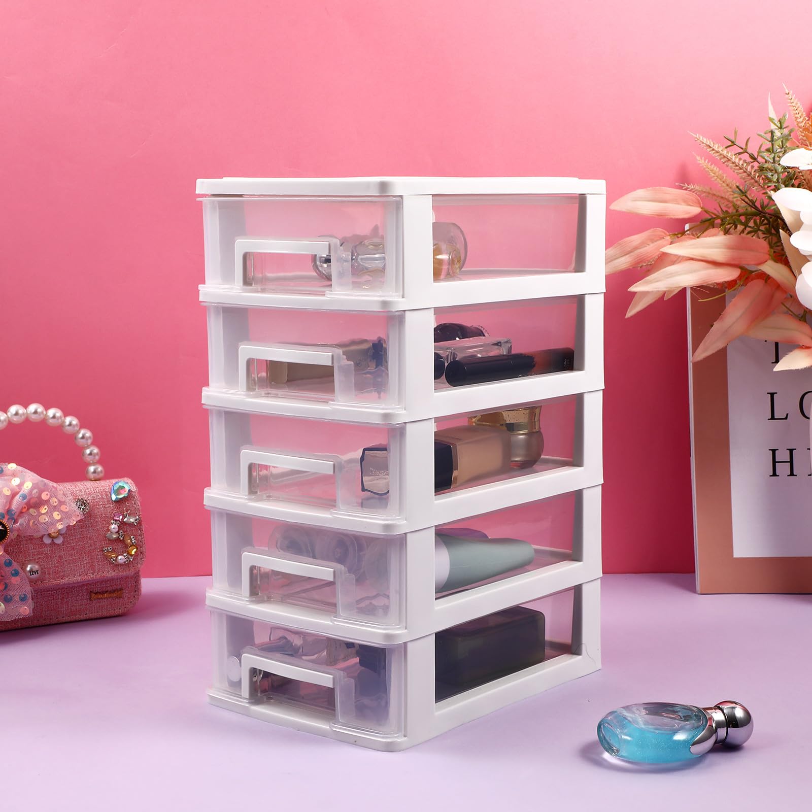 Cassettiera in plastica trasparente a 5 ripiani, multifunzionale, per forniture per ufficio e articoli per la scuola, ideale per scrivania e artigianato