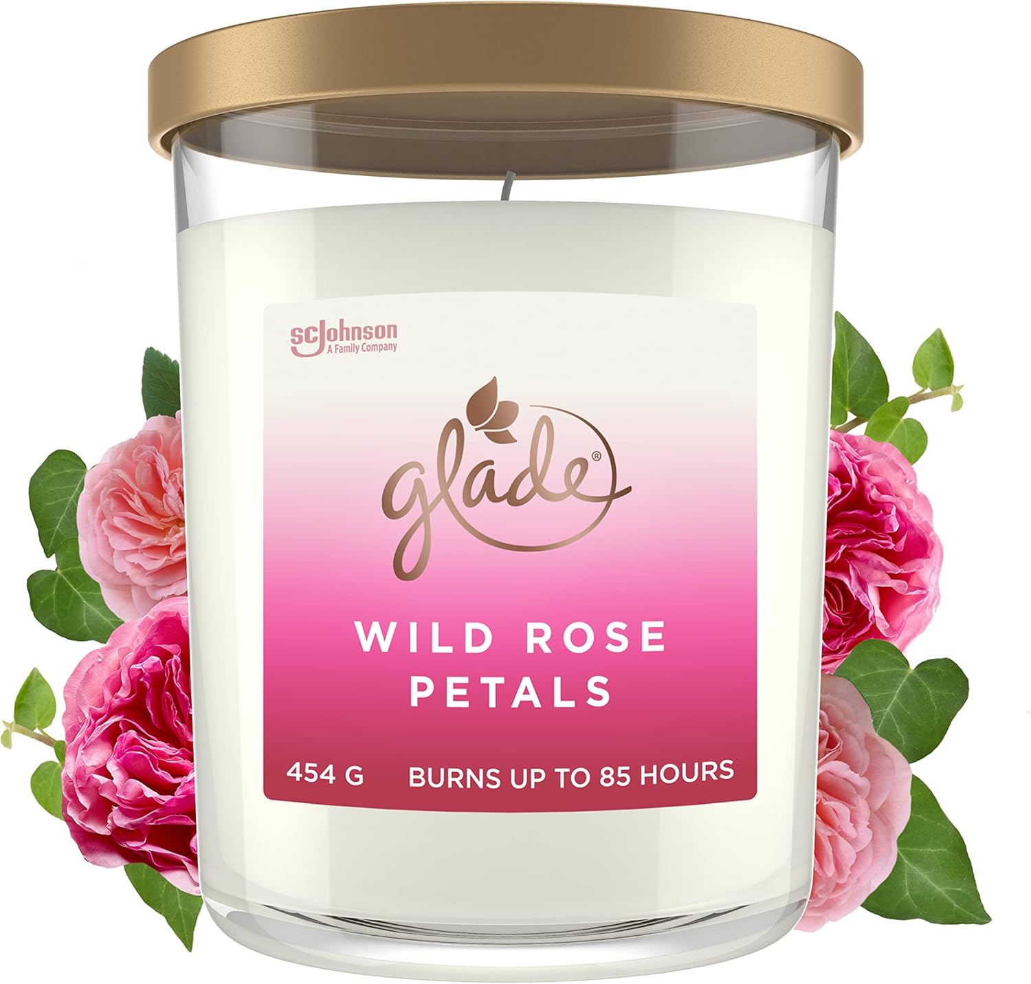 Glade Extra Large Scented Candle in Glass, Gift, Wild Rose Petals, 454 g, Long Burning Time up to 85 Hours