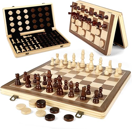 LEAP Juego de ajedrez magnético de madera de 15.5 pulgadas, tablero de ajedrez plegable de 3 pulgadas, piezas de ajedrez de altura King de 3