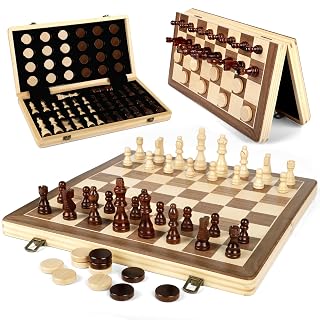 LEAP Magnetic Wooden Chess Sets 15.5 inch Foldable Chess Board 3 inch King Height Chess Pieces, Upper Checker Storage Slots for Beginer, Adults - Amazon product rated Grade A