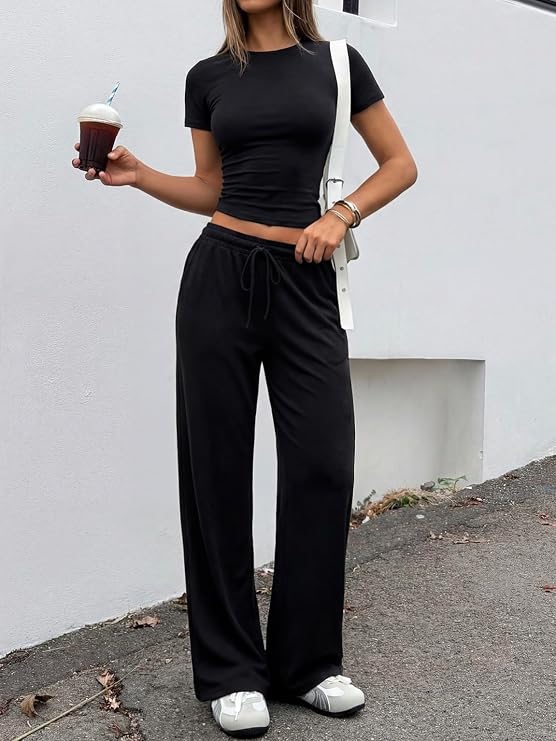 AYWA 2 Piece Sets for Women Fitted T Shirts Wide Leg Pants with Pockets Matching Lounge Sets Vacation Outfits