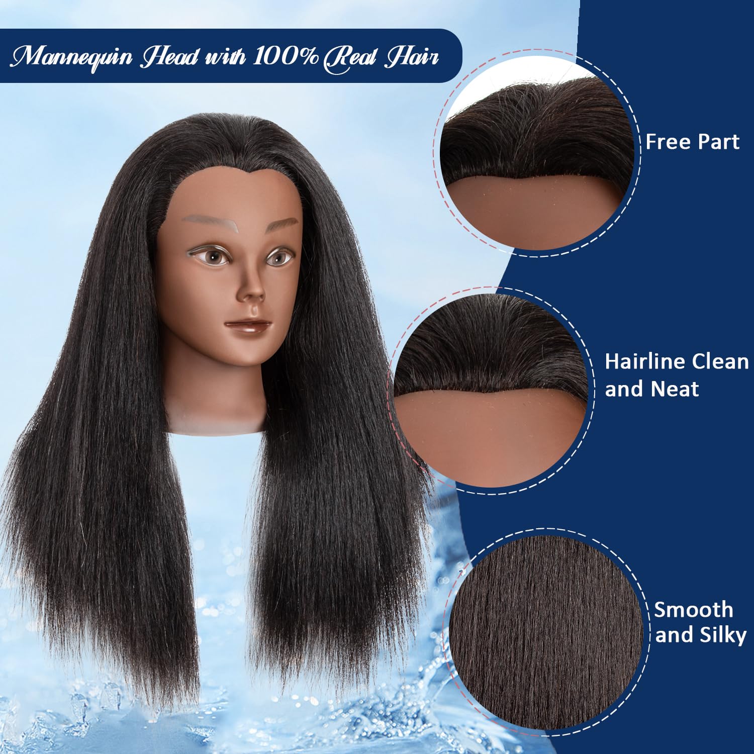 Mannequin Head 100% Real Hair 16", Human Hair-Like Texture, Cosmetology Head Doll for Hair Styling, Braiding, Curling, Straightening