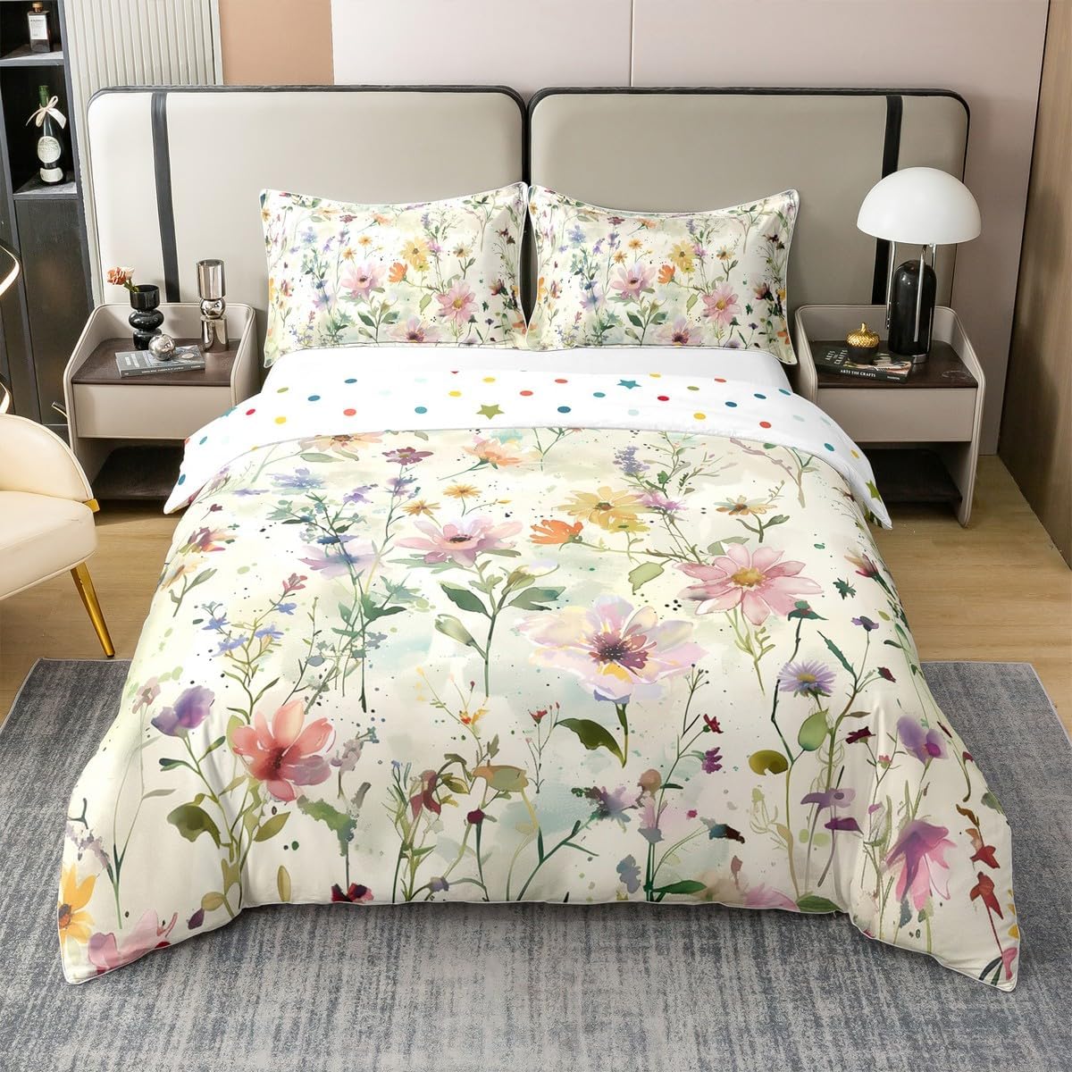 Erosebridal Floral 100% Cotton Duvet Cover Queen Size Watercolor Flowers Bedclothes for Kids Girls Women Oil Painting Aesthetic Light Yellow Comforter Cover Soft Comfy Bedding Set