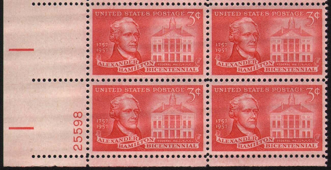 ALEXANDER HAMILTON ~ TREASURY #1086 Plate Block of 4 x 3¢ US Postage Stamps