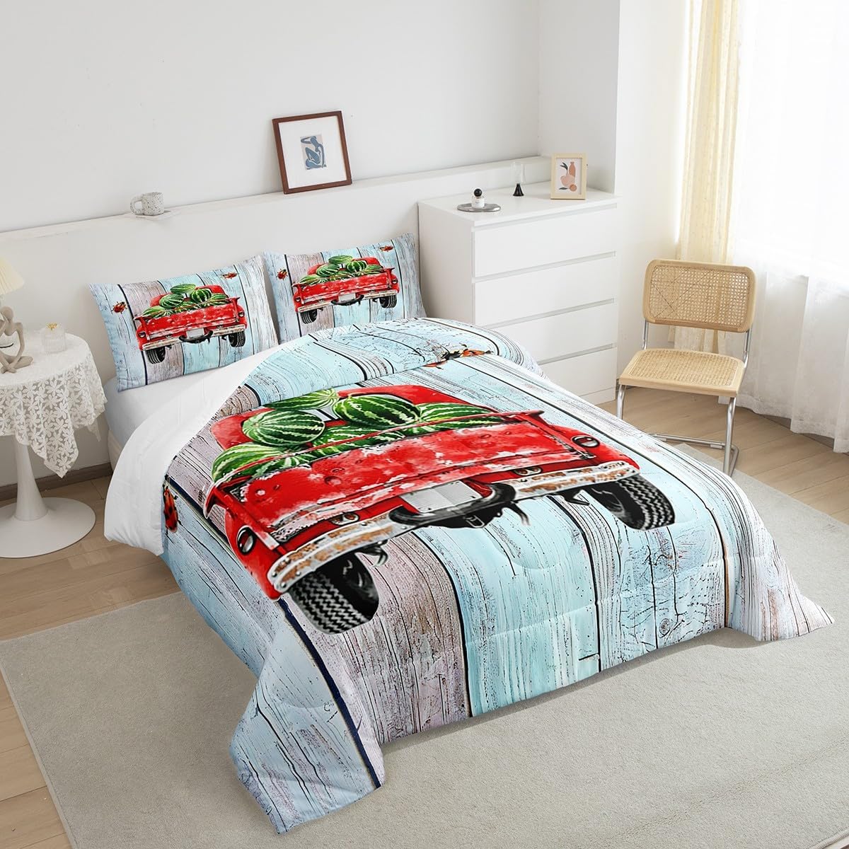 Summer Themed 3 Pcs Queen Size Comforter Set,Retro Wood Grain Farmhouse Down Alternative Adults Bedroom Decor,Watermelon Fruit Red Car Ultra Soft Microfiber Inner Fill 3Pcs Bedding