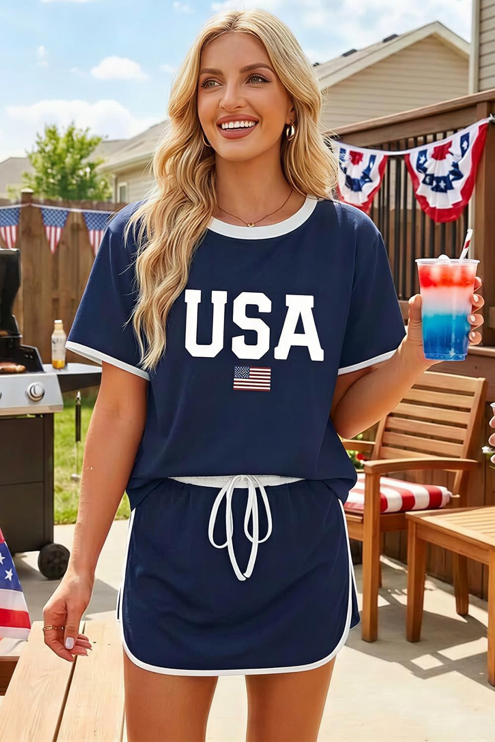Opemiby Womens 2 Piece Skort Set 2026 Color Block Short Sleeve Top Drawstring Skort Matching Sets Casual Lounge Summer Outfit image 2