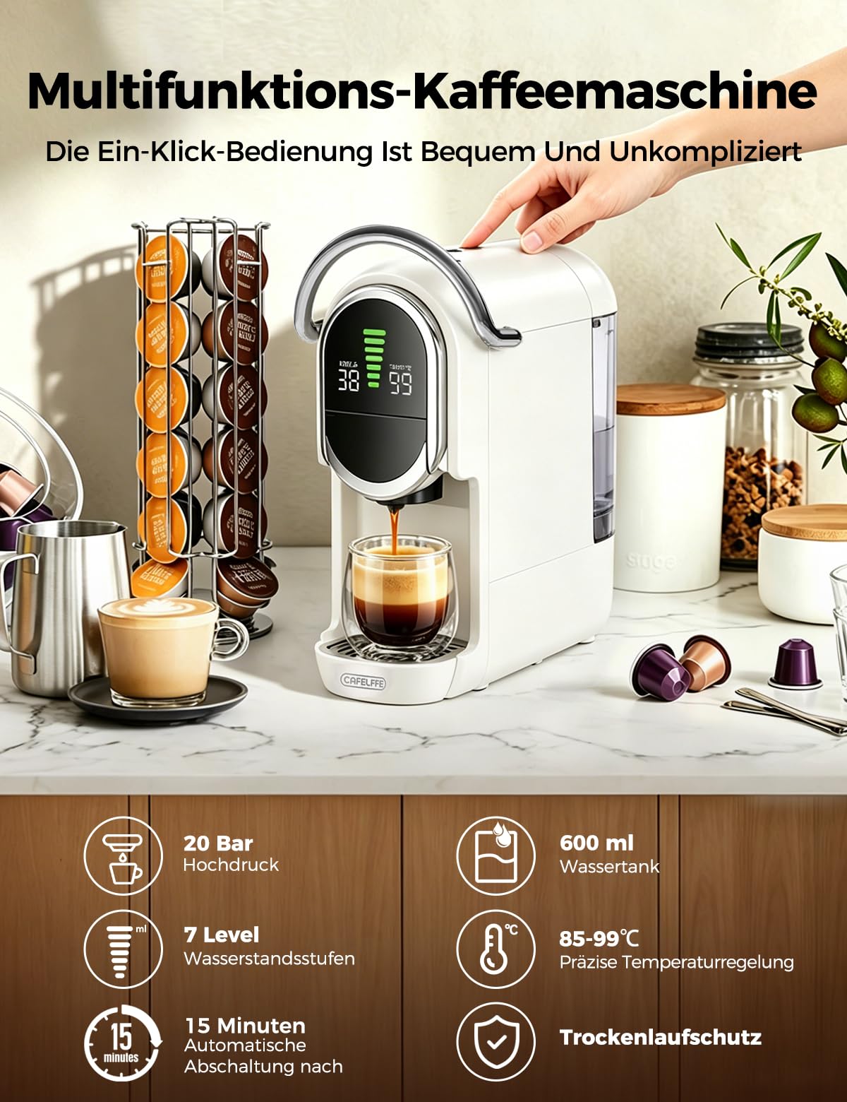 CAFELFFE Cafetera multicápsula 5 en 1 compatible con NS*/DG*/ESE*/A Modo Mio y Coffee Power, 20 bares, función de preparación fría y caliente, temperatura ajustable y 7 niveles de agua, color blanco
