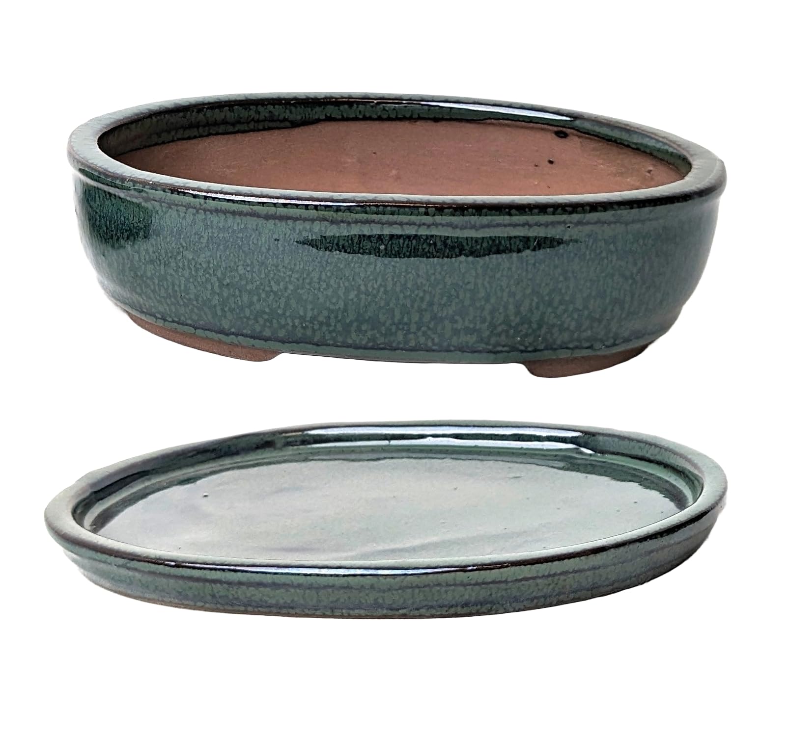 Glazed Ceramic Bonsai Pots with Matching Drip Trays (Bottle Green, 16cm) - Image 4