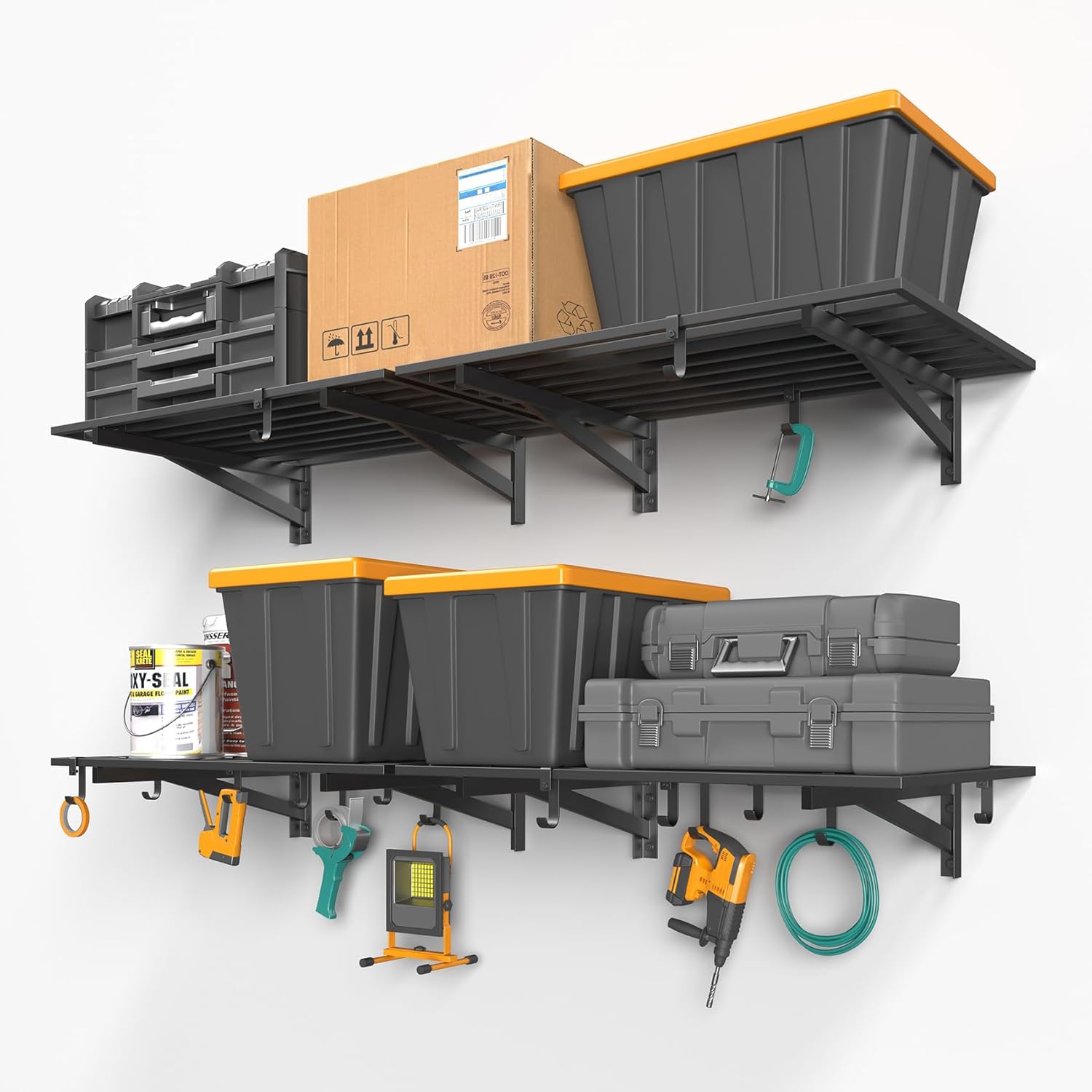 4-Pack 2x3ft Garage Shelving Wall Mounted, 2′ x 3′ Heavy Duty Garage Storage Shelves with Hooks, 800LB Capacity