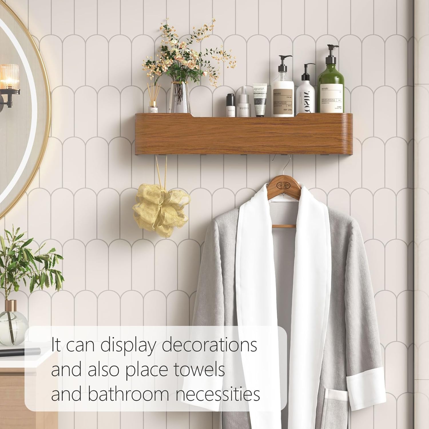 Coat Rack Wall Mount with Hidden Hooks Modern Key Holder Wood Entryway Hook with Shelf for Bedroom Kitchen Hallway Bathroom Designed for Hanging Coats Hats Bags Towel Dog Leashe(Walnut,5 Hooks)