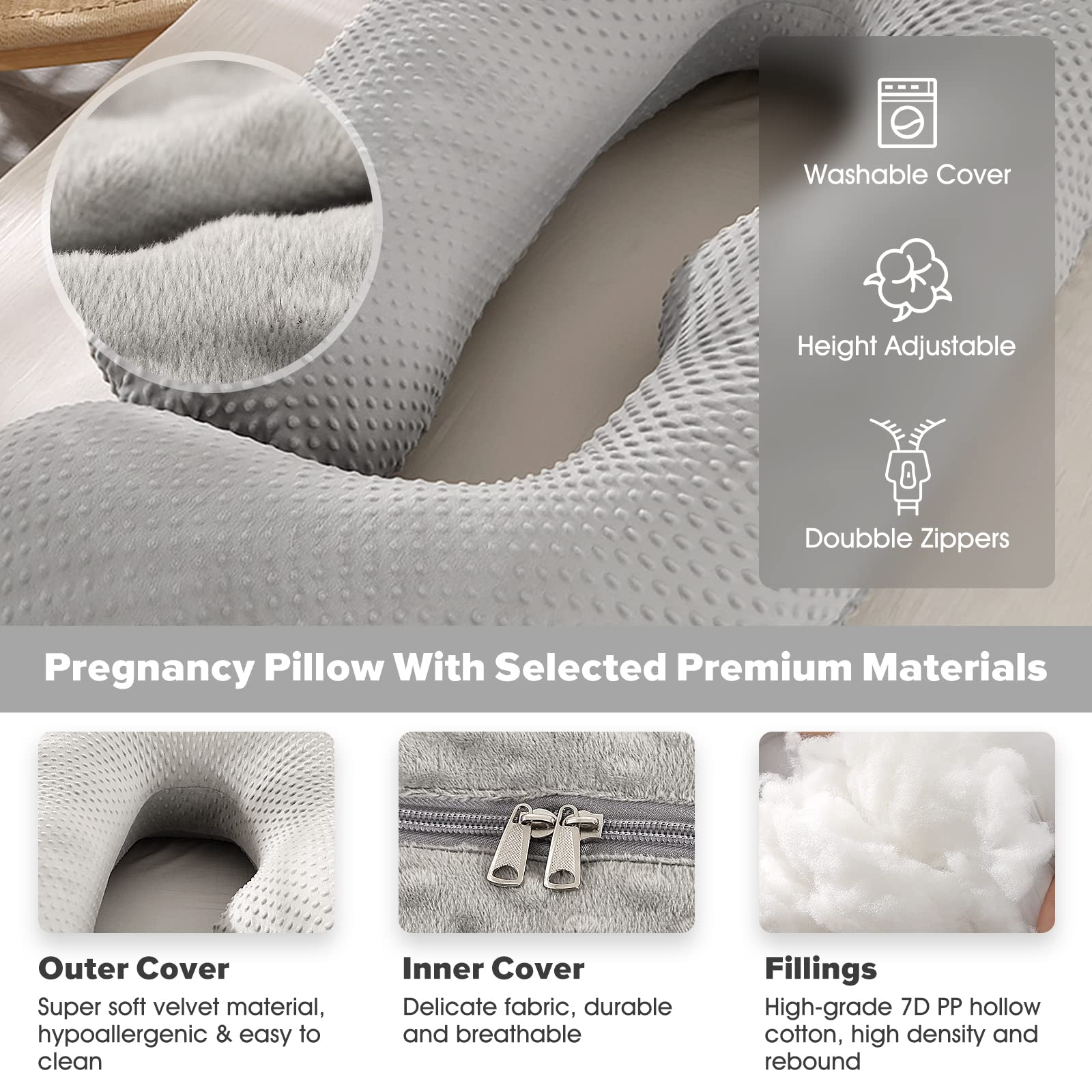 Elover Coussin de grossesse en forme de U pour femme enceinte avec housse en velours remplaçable et lavable, taille 152,4 cm (gris clair, velours)