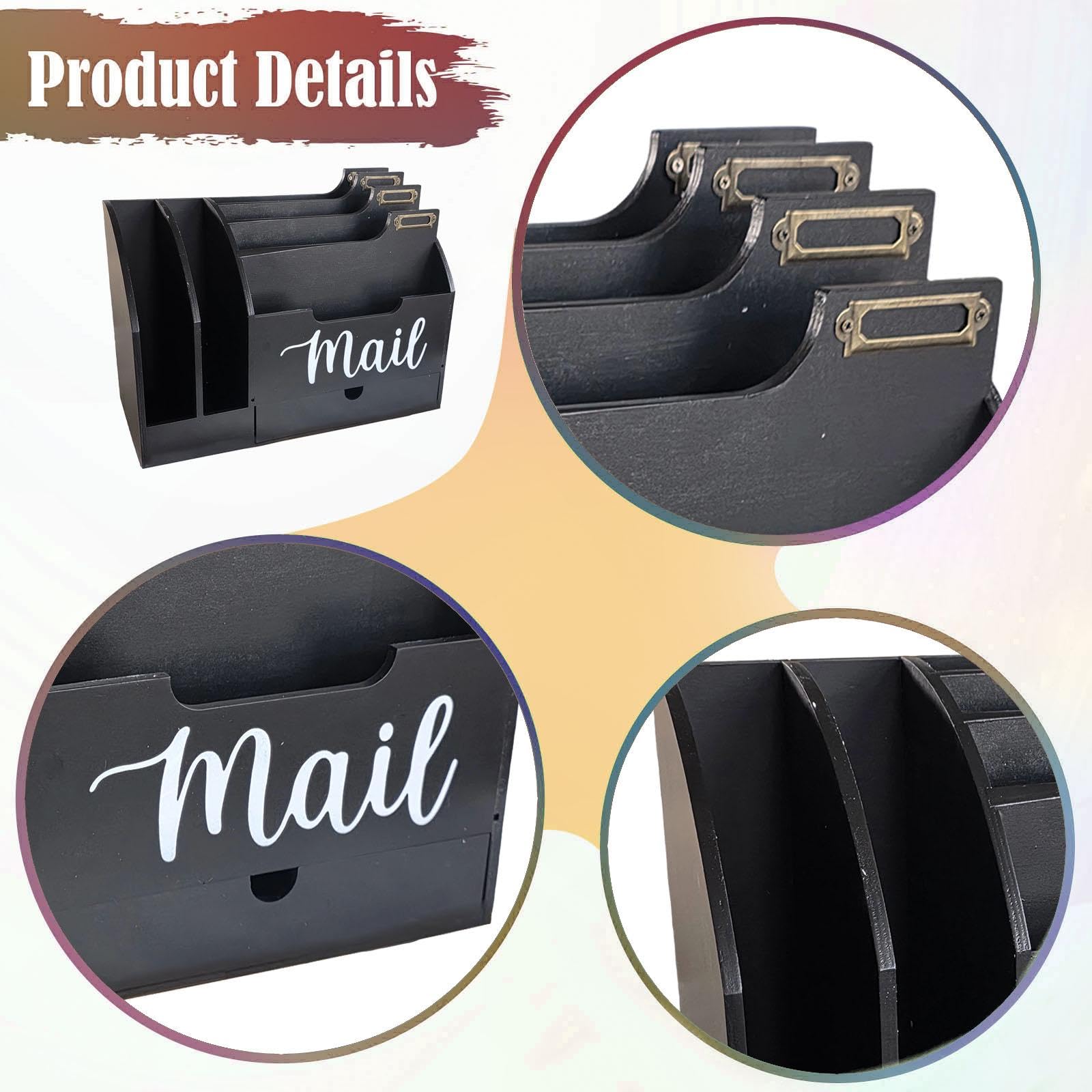Organizer in Legno 6 per Scrivania Portabuste con Cassetto Supporto per Mail Organizzatore per Ufficio Accessori per Scrivania Moderni, Nero