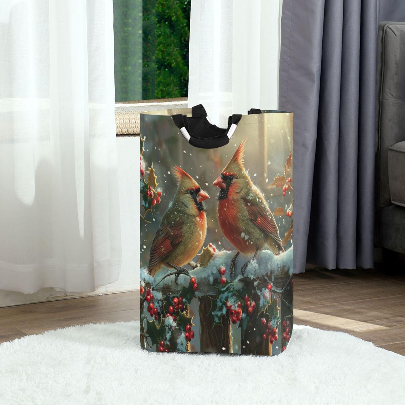 Jihqo Laundry Hamper Basket Christmas Cardinal Birds Collapsible Nursery Storage Bin Waterproof Clothing Baskets for Home Bedroom Bathroom Washing Room