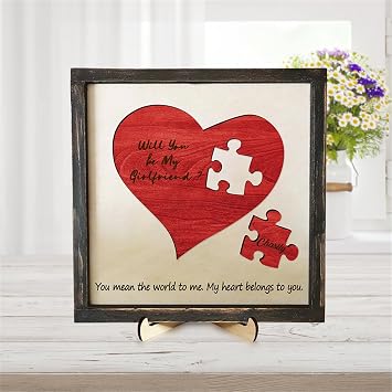 Personalized Will You be My Girlfriend Puzzle Sign Custom Name Missing Piece Puzzle Plaque Decor Wooden Surprise Relationship Proposal Ideas Gifts for Christmas Anniversary,Style 3