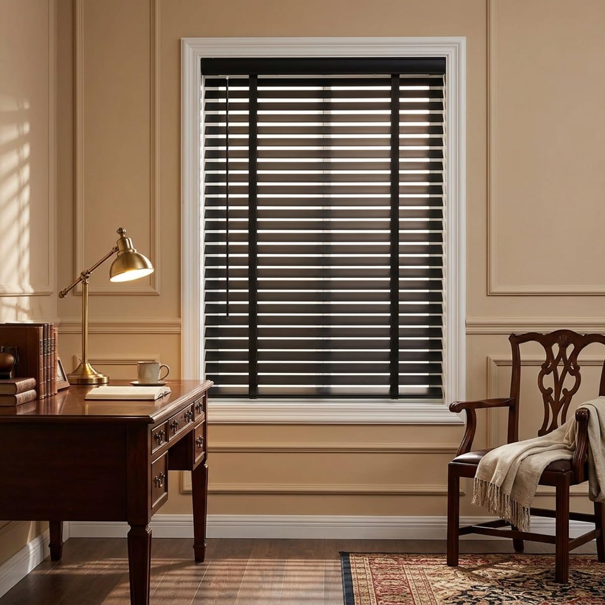 2" Slats Real Wood Blinds for Indoor Windows, Cordless Room Darkening Wooden Window Blinds 35" W x60 H Privacy Blackout Venetian Horizontal Window Shades for Bedroom Living Room, Black