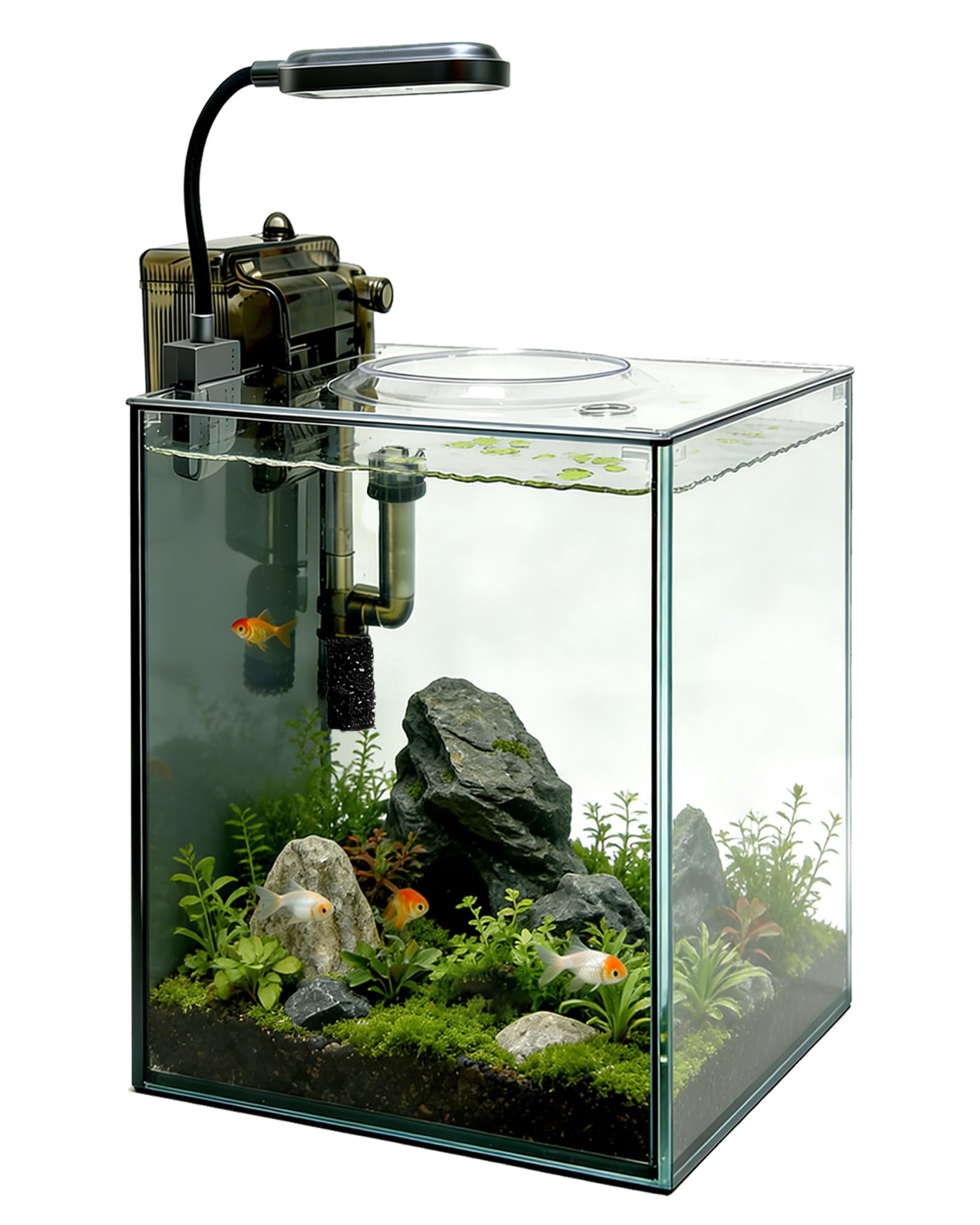 Kit de nano acuario de 2.1 galones con tapa, filtro para colgar que ahorra espacio y luz LED, tanque de peces de escritorio de vidrio ultra transparente sin montura para peces pequeños
