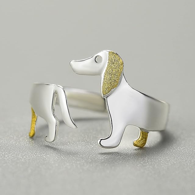 YUANYIRAN Ring For Women Adjustable - S925 Cute Dachshund Dog Animal Open Band Rings, Handmade Unique Fine Jewelry Gift For Christmas Engagement Birthday Trend Gift