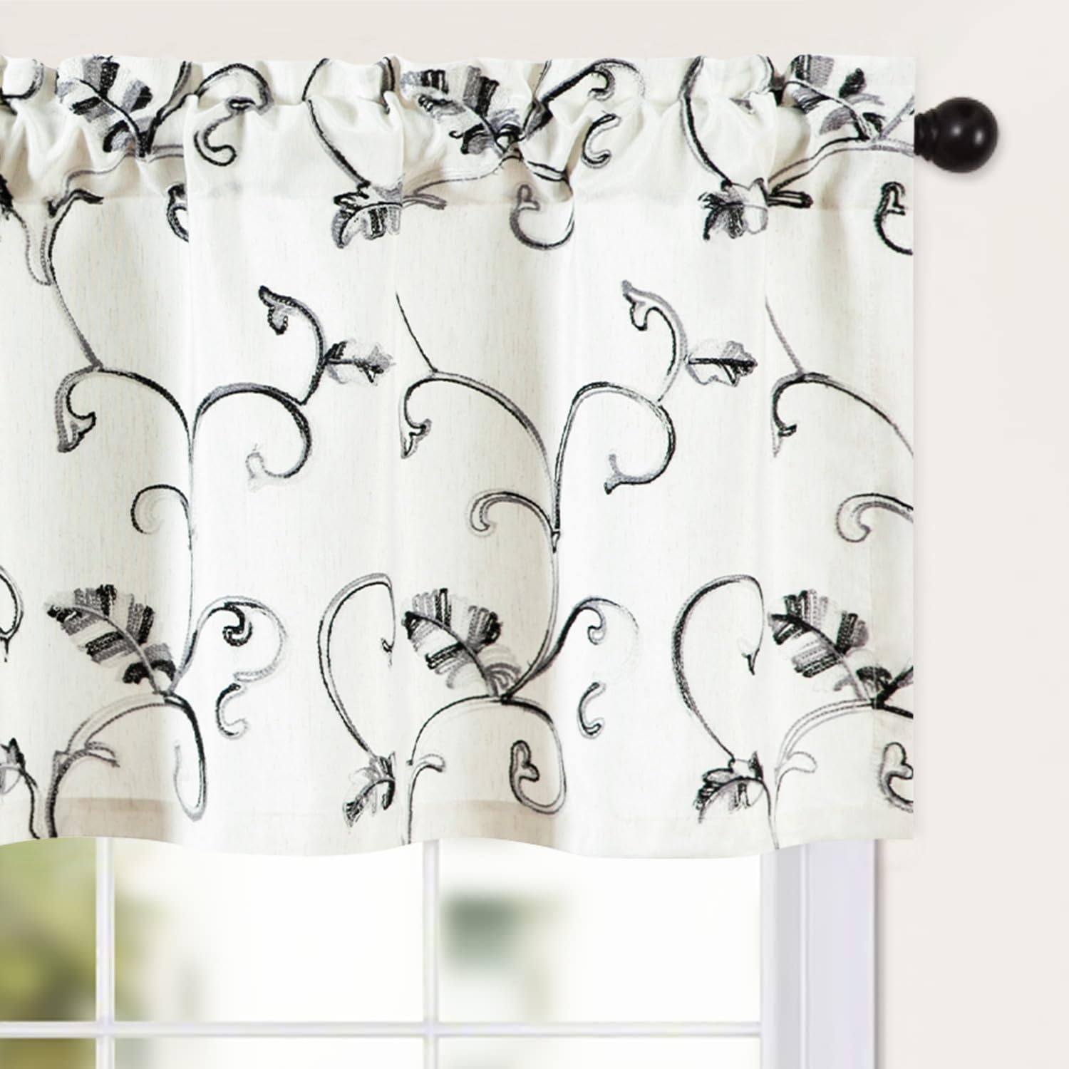 VOGOL Grey Leaves Embroidered Kitchen Valance, Rod Pocket, 54x18, 1 Panel
